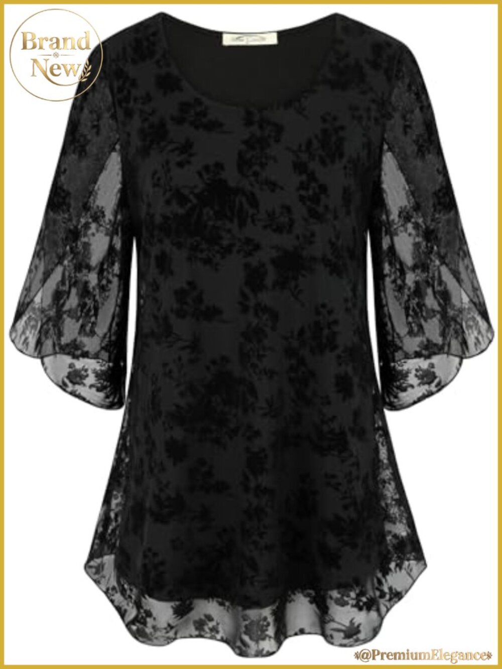 Womens Ruffle 3/4 Sleeve Mesh Blouse Loose Flowy Tunic Top Stretchy